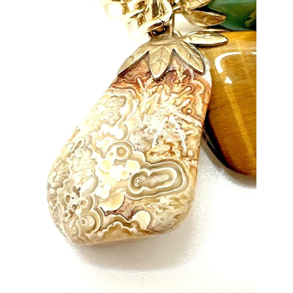 Vintage Organic Semi Precious Stone Pendant Necklace Gold Tone Dangles 30